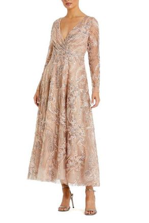 Mac Duggal Floral Embroidered V-Neck Long Sleeve Midi Dress in Champagne at Nordstrom, Size 14