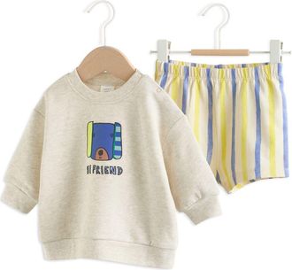 Next Hi Friend Graphic Sweater & Stripe Shorts Set in Grey at Nordstrom, Size 9-12M