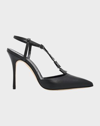 Manolo Blahnik 105mm Maurata Leather Bow T-Strap Pumps