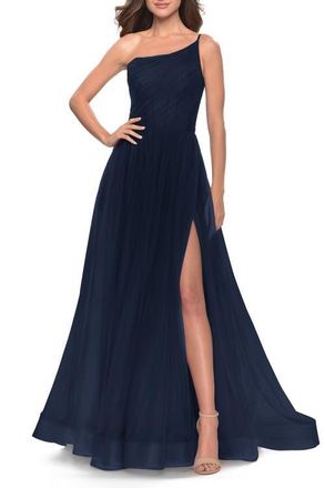 La Femme One Shoulder A-Line Tulle Gown with Sheer Bodice in Navy at Nordstrom, Size 14