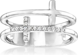 RS Pure by Ross-Simons Diamond 2-Row Cross Ring in Sterling Silver