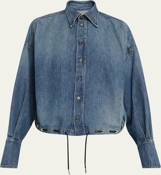 Brandon Maxwell Leland Denim Drawstring Bubble Shirt