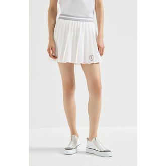 Brunello Cucinelli Techno poplin pleated skirt with logo in White at Nordstrom, Size 44 It