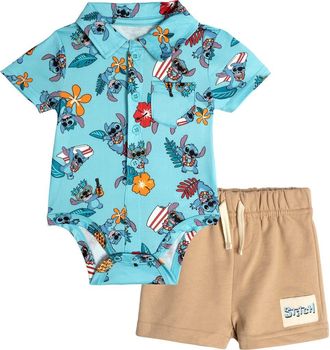 Disney Lilo & Stitch Baby Boys 2-Piece Bodysuit and Shorts Set in Blue Khaki Stitch at Nordstrom, Size 12M
