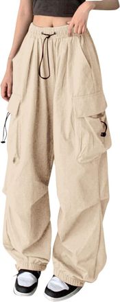 Generic Womens Wide Leg Y2k Parachute Pants Baggy High Waisted Cargo Pants Lightweight Summer Casual Hip Hop Streetwear Grunge Punk Trousers Drawstring Solid 