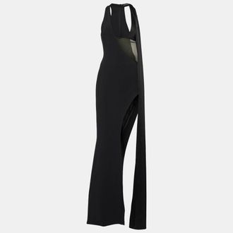 DAVID KOMA Black Tulle Trim Crepe Cut-Out Maxi Dress