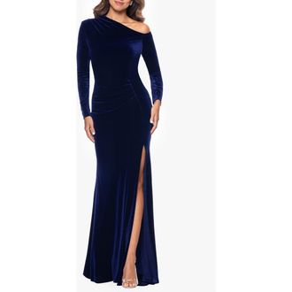Betsy & Adam One-Shoulder Long Sleeve Velvet Gown in Sapphire at Nordstrom Rack, Size 12