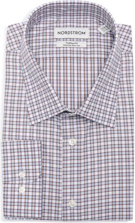Nordstrom Trim Fit Vega Plaid Premium Non Iron Cotton Dress Shirt in Blue- Brown Vega Plaid at Nordstrom, Size 16.5 - 36
