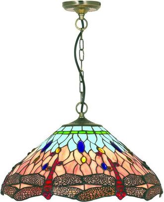 Searchlight Searchlight Dragonfly - 1 Light Ceiling Pendant Antique Brass, Blue, Dragonfly Tiffany Glass, E14
