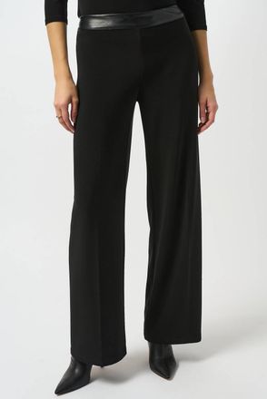 Joseph Ribkoff Faux Leather Waistband Wide Leg Pants In Black