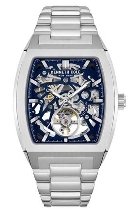 Kenneth Cole The Hollis Tonneau Skeleton Automatic Bracelet Watch, 40mm x 52.5mm in Silver at Nordstrom