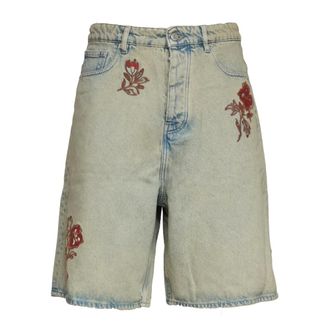 Dr&ocirc;le de Monsieur Denim Shorts, male, Gray, Size: S Floral-embroidered Denim Shorts