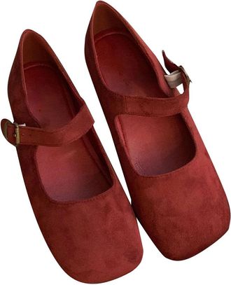 Generic Womens Ballet Mary Jane Flats, Square Toe Comfy Dolly Slip On Shoes with Ankle Strap Casual Comfortable Retro Soft Flats for Women Dressy and Work Red