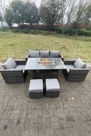 Fimous Outdoor PE Rattan Garden Furniture Gas Fire Pit Dining Table Lounge Sofa 2 PC Armchairs Footstools in Dark Grey