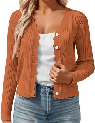 Generic Womens Cardigans Knit Long Sleeve V Neck Short Ribbed Button Down Cardigan Lightweight Elegant Casual Solid Color Loose Cardigan Knitwear Outerwear Wo