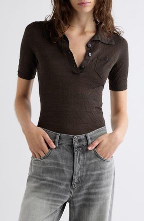 Acne Studios Kier Krinkel Silk Blend Polo in Dark Brown Melange at Nordstrom, Size X-Large