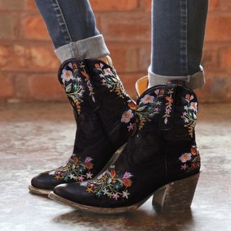 Generic Cowboy Boots,Cowboy Boots for Women,Vintage Ethnic Cowboys,Boots for Women Boho Retro Flower Embroidered Pointed Toe Leather Western Boots,Bohemian Ch