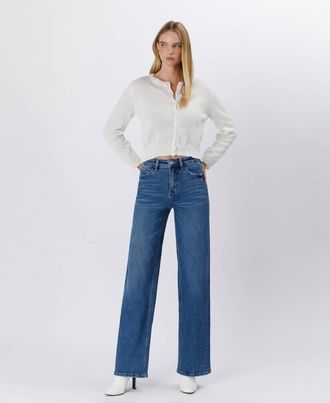 Flying Monkey Tummy Control Super High Rise Wide Leg Jeans In Medium Denim