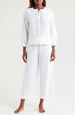 Desmond & Dempsey Peter Pan Collar Cotton Gauze Pajamas in Plain Double Gauze White at Nordstrom, Size X-Large