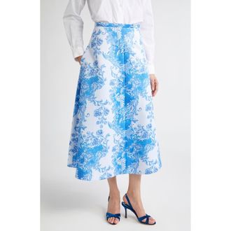 Emilia Wickstead Hallie Floral Damask Taffeta Faille A-Line Skirt in Damask Floral Blue at Nordstrom Rack, Size 2 Us / 6 Uk