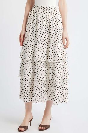 Anne Klein Tiered Polka Dot Midi Skirt in White/Dark Chocolate at Nordstrom, Size X-Large