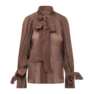 Actualee Camisa de Manga Larga con Lazo Grande en el Cuello - Blouses & Shirts - Mujer - Marr&oacute;n - XS
