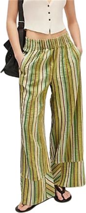 Generic Womens Striped Wide Leg Lounge Pants, Boho Elastic Waist Loose Casual Trousers with Pockets, Travel Everyday Wear (Green,M)