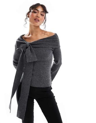 Pretty Lavish bardot bow knit top in gray