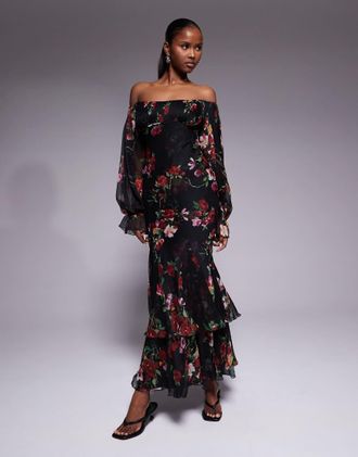 Asos Vestito lungo con scollo alla Bardot, volant, maniche a campana e godet a balze con stampa a fiori-Multicolore