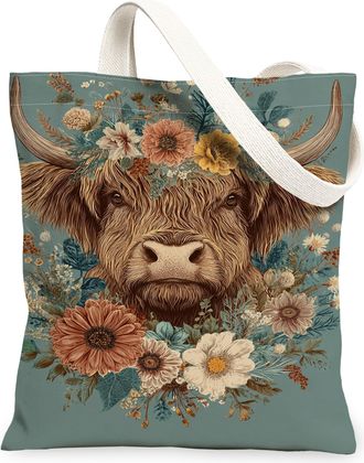 Generic Floral Animal Canvas Tote Bag, Vintage Cow Design Reusable Grocery Bags, Lightweight Washable Shoulder Strap Canvas Bags Fo, Teal, 13x15 Inch