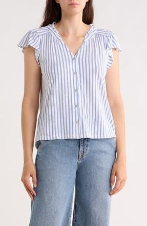 Lucky Brand Stripe Cap Sleeve Cotton Button-Up Shirt in Blue Stripe at Nordstrom Rack, Size X-Small