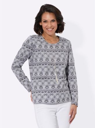 Casual Looks Langarmshirt CASUAL LOOKS Shirt, Damen, Gr. 38, grau (steingrau, bedruckt), 100% Baumwolle, ethno, gemustert, mehrfarbig, Rundhals, Shirts Langarmshir