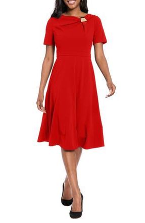 London Times Hardware Detail Short Sleeve Fit & Flare Midi Dress in Molten Lava at Nordstrom Rack, Size 10P