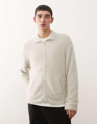 Weekday Cardigan in maglia lanuginosa bianco con zip e colletto-Viola
