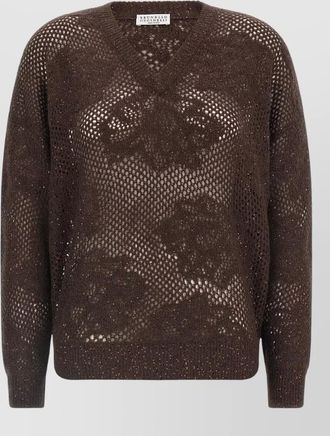 Brunello Cucinelli mohair wool floral lace v-neck sweater