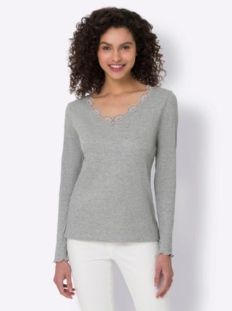 Heine Langarmshirt HEINE Langarm-Shirt, Damen, Gr. 34, grau (hellgrau, meliert), 85% Baumwolle, 10% Viskose, 5% Elasthan, meliert, unifarben, V-Ausschnitt, 