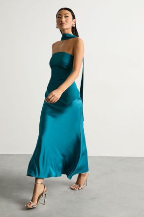 Warehouse Womens Petite Strapless Structured Bodice Satin Midi Dress - Teal - Size 14 UK