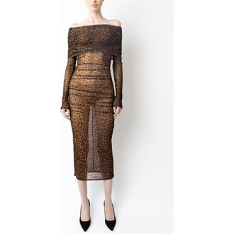 Sally Lapointe Printed Mesh Off Shoulder Midi Dress in Leopard at Nordstrom, Size X-Small