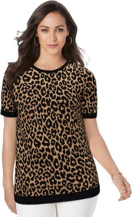 Jessica London Fine Gauge Crewneck Knit Shell in Neutral Classic Cheetah at Nordstrom, Size 28