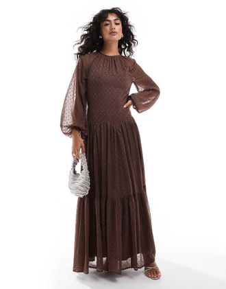 Asos burnout jacquard high neck scalloped flared maxi dress in chocolate-Brown