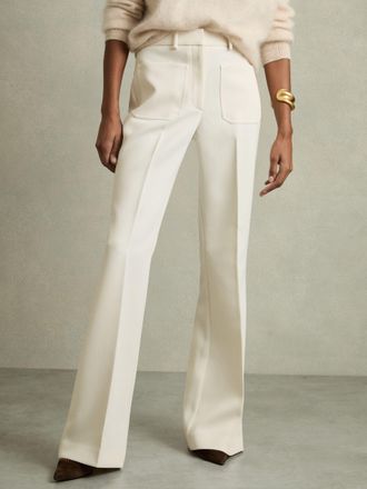 Reiss Cream Petite Twill Patch-pocket Flared Trousers, 14