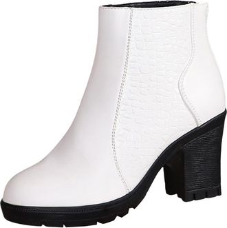 Generic o Leather Boots Women Calf High Leather Boots British Style Fashionable Chunky Heeled Short Women Autumn Winter Side Zipper High Heeled White