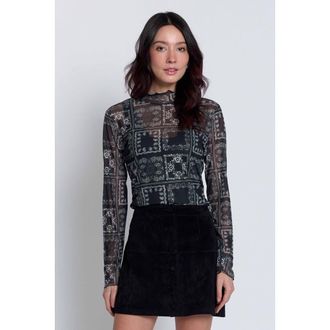 Central Park West Wren Sheer Bandana Print Turtleneck Top in Black Combo at Nordstrom, Size X-Small
