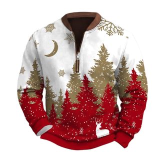 Generic Mens Christmas Sweatshirt 1/4 Zip Pullover Tops Ugly Christmas Tree T-Shirt Reindeer 3D Printed Blouse Casual V Neck Jumper Funny Festive Holiday Swea