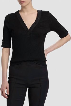Derek Lam Adrian V-Neck Short Sleeve Ribbed Tee With Button Placket In Black