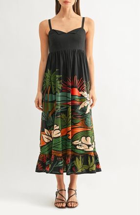 Adelyn Rae Leah Tropical Print Babydoll Midi Sundress in Navy Multi at Nordstrom, Size X-Large