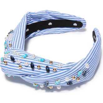 Lele Sadoughi Marlene Embellished Seersucker Headband in Blue at Nordstrom