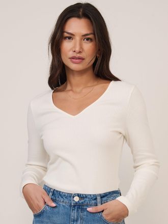 Nobody's Child Cream V Neck Long Sleeve Ribbed Top