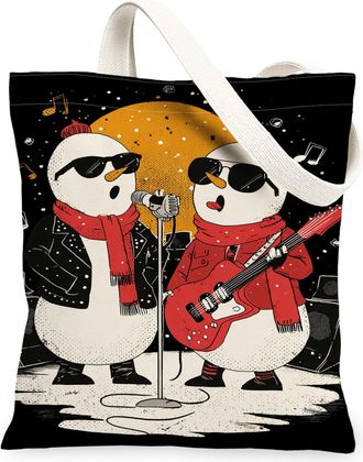 Generic Winter Snow Man Canvas Tote Bags, Musical Pattern Reusable Grocery Bags, Retro Lightweight Washable Shoulder Strap for Travel Beach Picnic 13x15 Inch