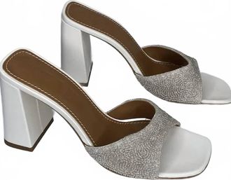 Staud Womens Sloane Beaded High Block Heeled Sandals In White, Tan